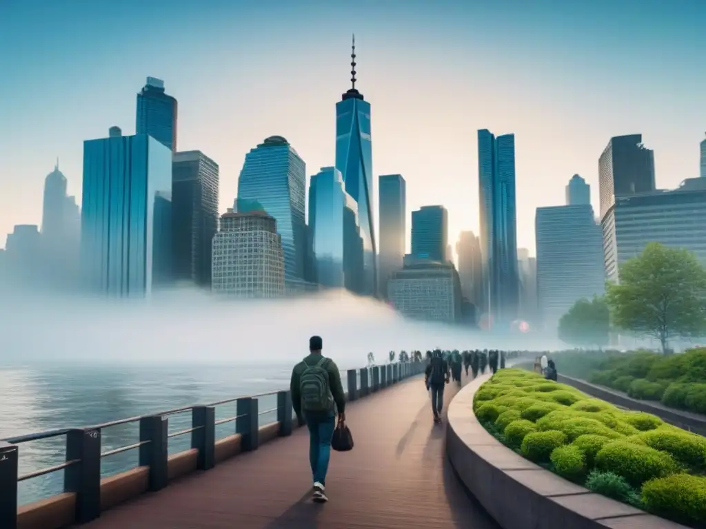 Skyline urbano vibrante: migración y arquitectura moderna en Norteamérica Vibrante imagen urbana con rascacielos, río y personas caminando hacia la ciudad, reflejando tendencias migratorias mercado inmobiliario