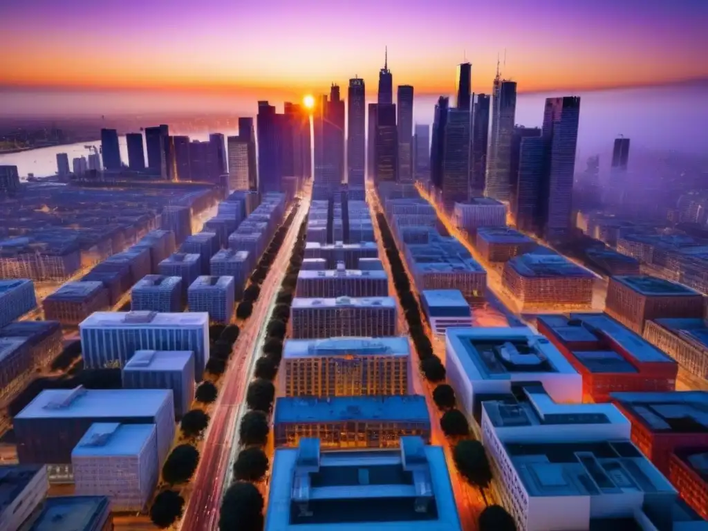Atardecer vibrante en la ciudad con rascacielos y vida urbana El vibrante impacto de una ciudad al atardecer, con rascacielos y una mezcla diversa de personas en las calles