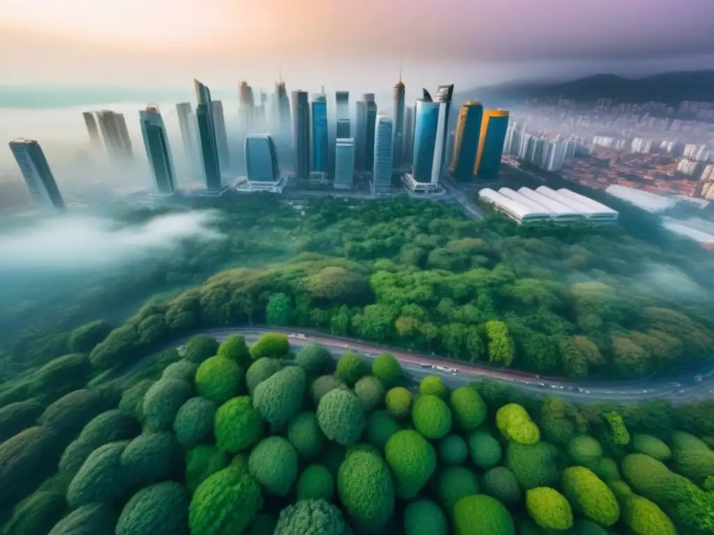 Metrópolis emergente: mezcla de modernidad y tradición Vibrante fusión inmobiliaria en mercados emergentes: modernos rascacielos y edificios tradicionales entre exuberante vegetación