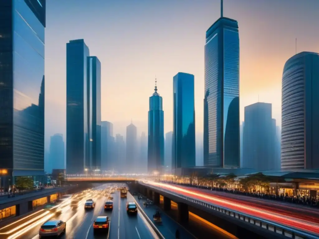 Auge inmobiliario: mercado emergente con rascacielos y energía urbana La vibrante fusión inmobiliaria en mercados emergentes: rascacielos, calles llenas de gente y autos, reflejo de progreso y crecimiento urbano