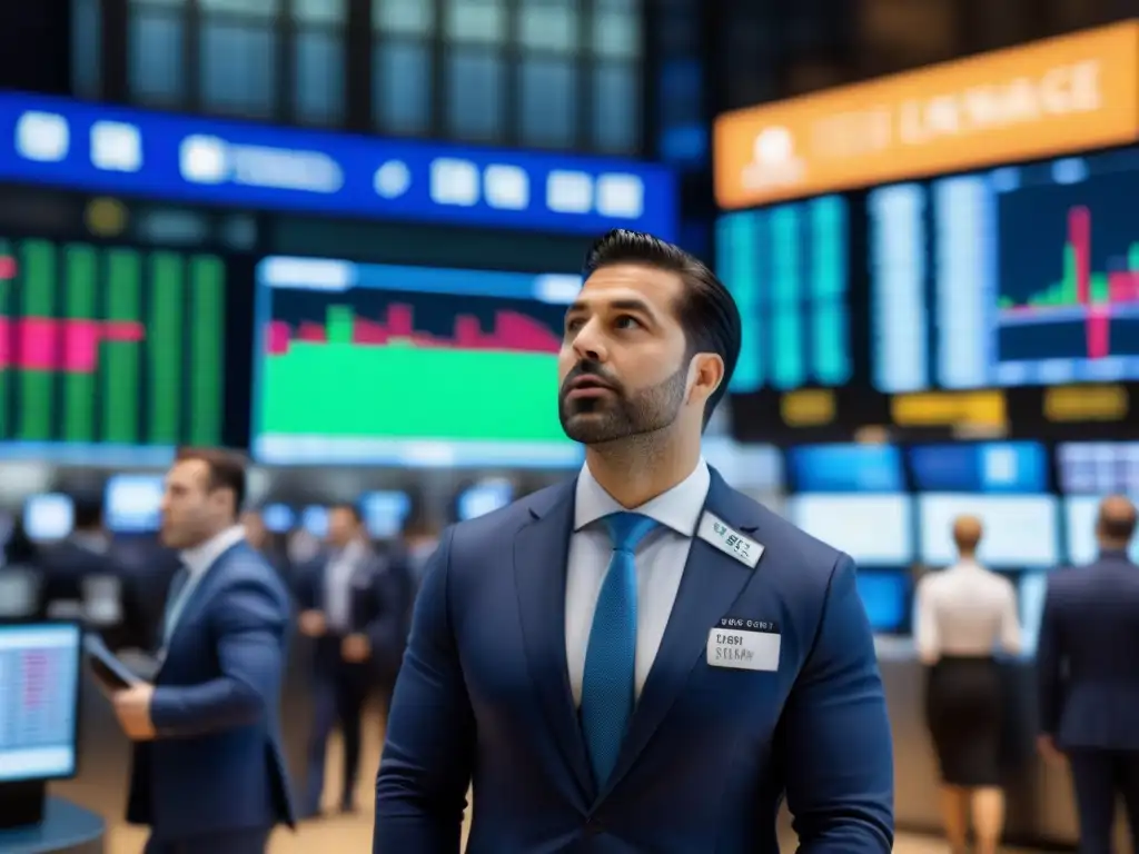 Inversores globales en frenesí: Bolsa de Valores en acción Un vibrante intercambio de valores con traders en trajes de negocios, monitores digitales y tablero electrónico