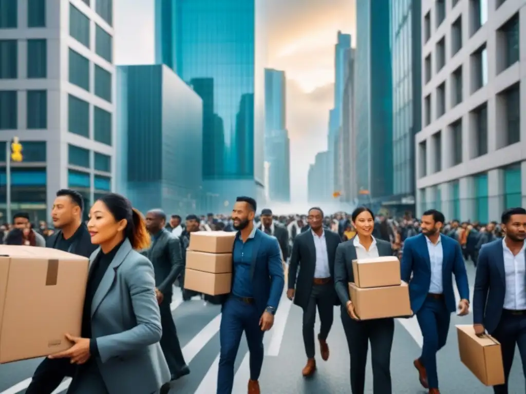 Escena urbana: migración interna y mercado inmobiliario Vibrante migración interna: gente con cajas en calle de ciudad, reflejando mercado inmobiliario local