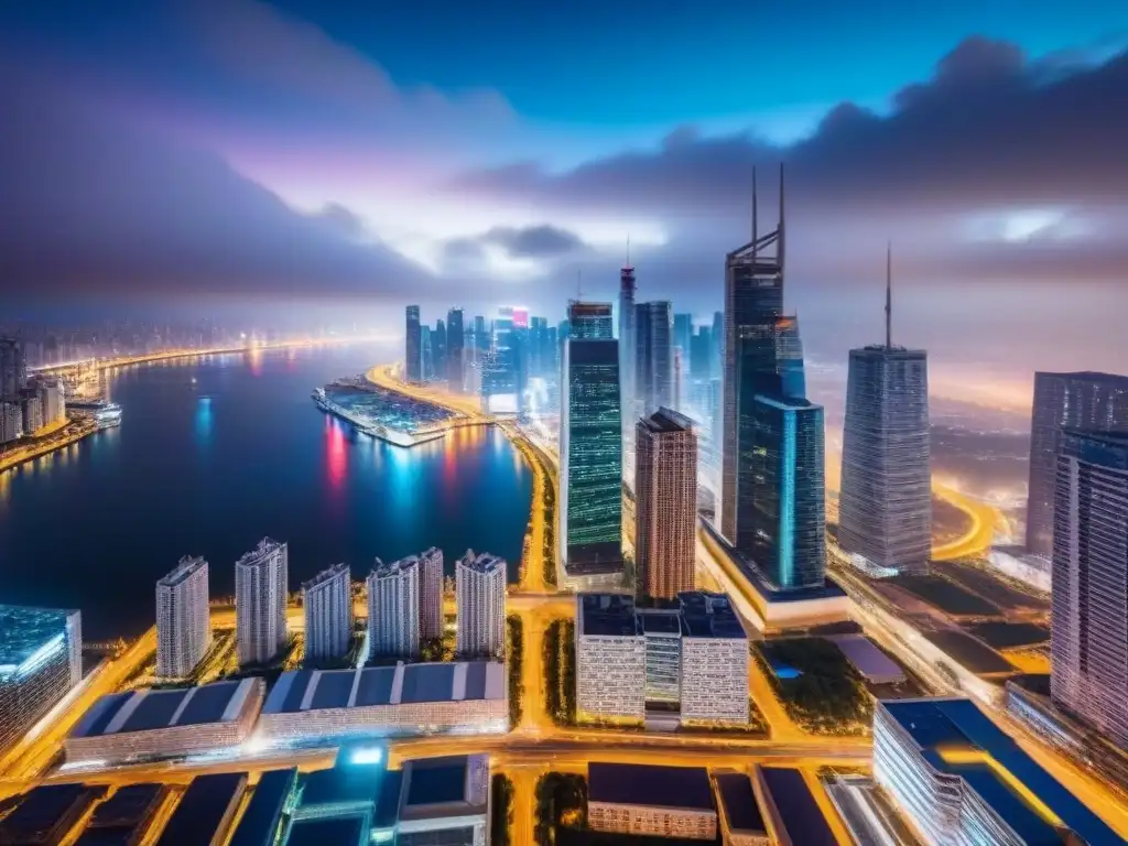 Vibrante inversión en bienes raíces internacionales: modernos rascacielos iluminados en una ciudad nocturna