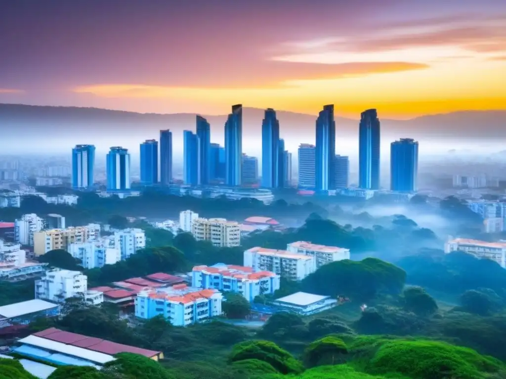 Horizonte de Bangalore al atardecer: modernidad y dinamismo inmobiliario Vibrante inversión inmobiliaria internacional en Bangalore: cielo colorido al atardecer sobre modernos rascacielos y bulliciosas calles