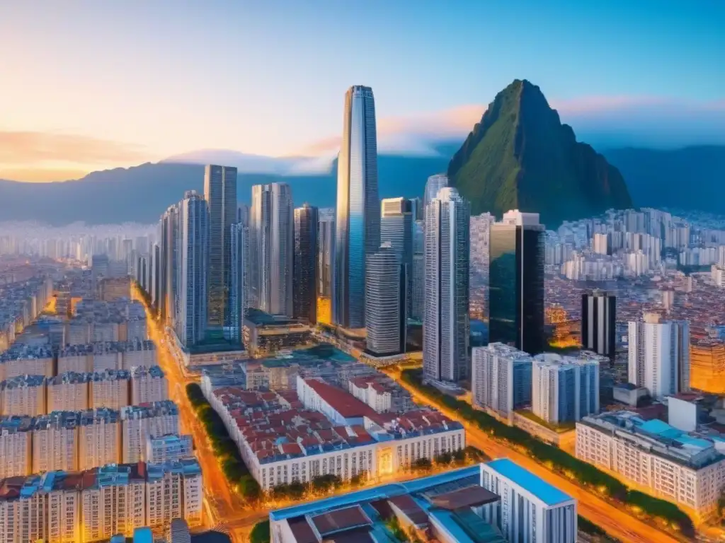 Metrópolis Latinoamericana: Skyline Moderno y Vibrante Vibrante metrópolis latinoamericana con arquitectura histórica y rascacielos, ideal para inversión inmobiliaria principiantes América Latina