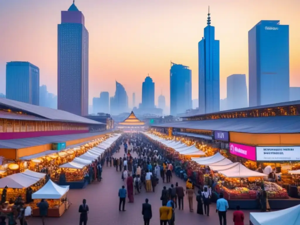 Metrópolis africana: mercado vibrante y rascacielos futuristas al atardecer Un vibrante mercado africano se integra con la revolución digital en el mercado inmobiliario de África