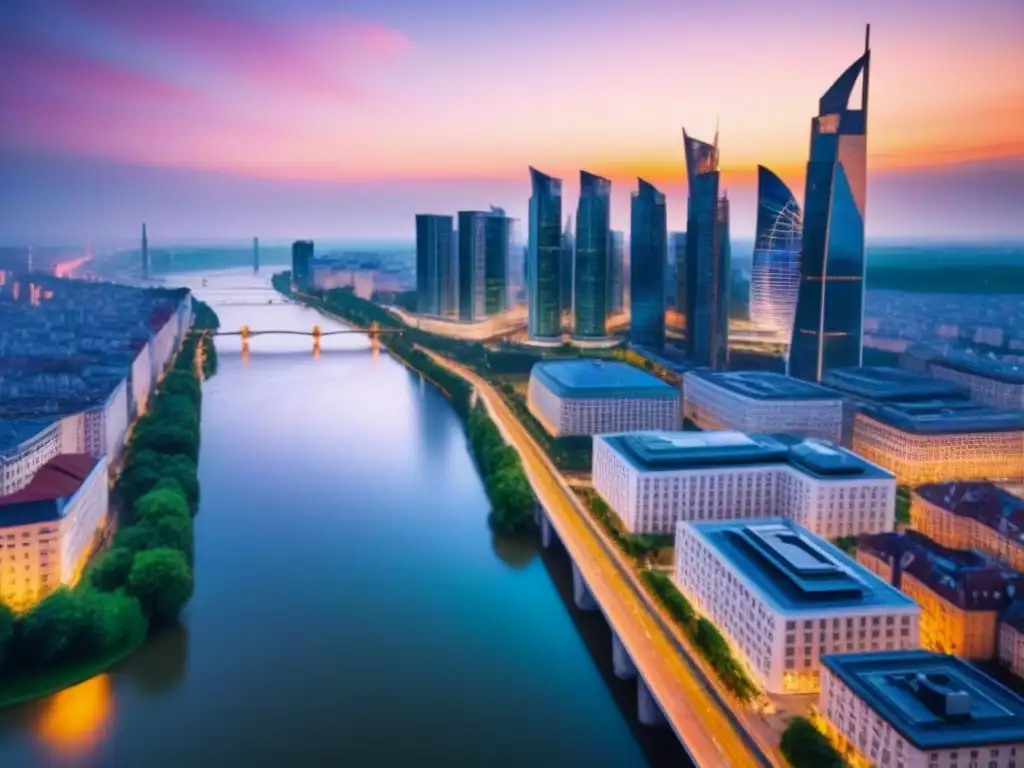 Cityscape moderno en Europa del Este: inversores globales en acción Vibrante mercado de alquiler en Europa del Este: inversores globales analizan moderna ciudad al atardecer