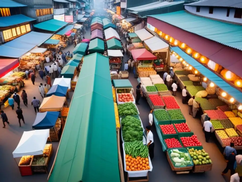 Mercado callejero asiático: colorido y vibrante Vibrante mercado asiático concurrido, entre rascacielos, muestra diversidad cultural y económica