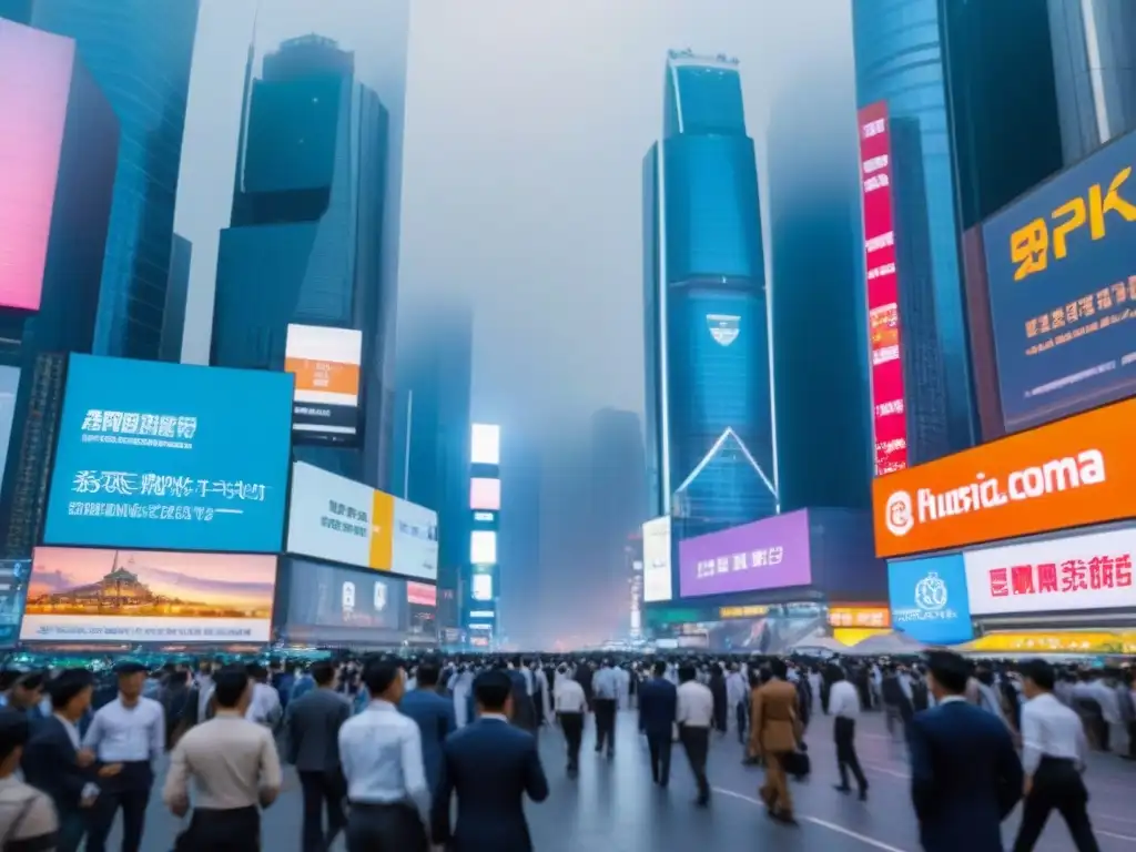 Escena urbana: Mercado emergente asiático con arquitectura moderna Un vibrante mercado asiático emergente con rascacielos modernos y gente de negocios, reflejando la inversión inmobiliaria en mercados emergentes