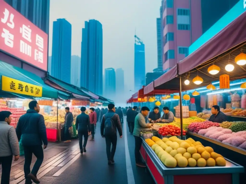 Mercado asiático vibrante: tradición y modernidad en 8k Vibrante mercado asiático con puestos de colores, locales y turistas, y rascacielos modernos al fondo