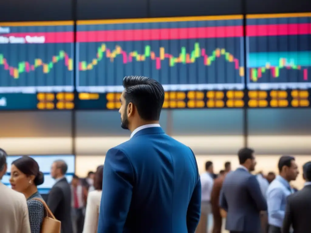 Mercado de valores latinoamericano: escena vibrante de inversión Vibrante mercado bursátil en ciudad latinoamericana, con traders, gráficos financieros y rascacielos