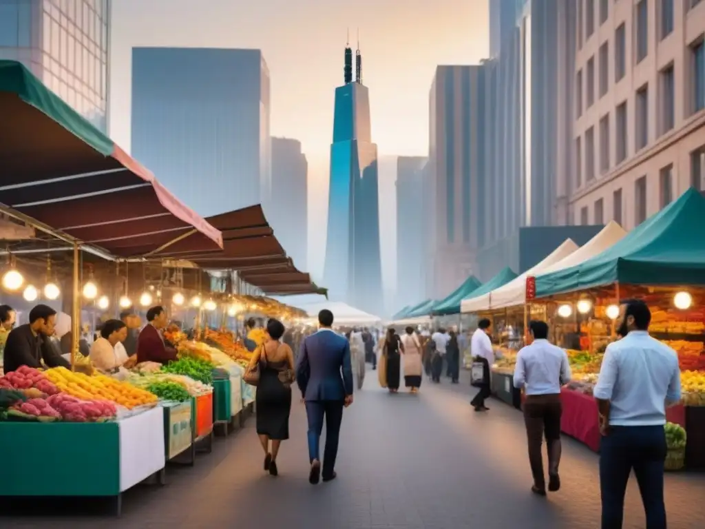 Cityscape al atardecer: mercado vibrante y arquitectura moderna Un vibrante mercado callejero al atardecer con rascacielos modernos reflejando el sol, revitalizando mercados inmobiliarios locales