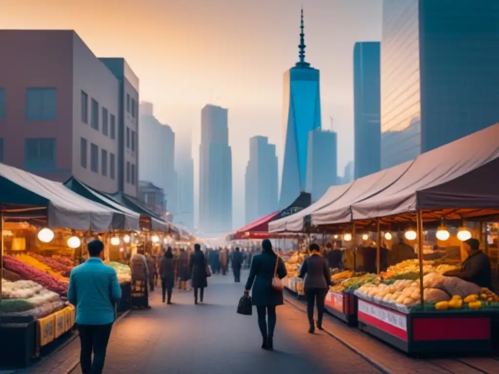 Skyline futurista y mercado vibrante al atardecer Un vibrante mercado callejero en una ciudad al atardecer, reflejando oportunidades inversión inmobiliaria mercados emergentes