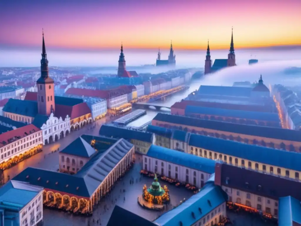 Cityscape vibrante de Europa del Este: tradición y modernidad al atardecer Un vibrante mercado callejero en una ciudad de Europa del Este, con arquitectura histórica y rascacielos modernos iluminados por el atardecer