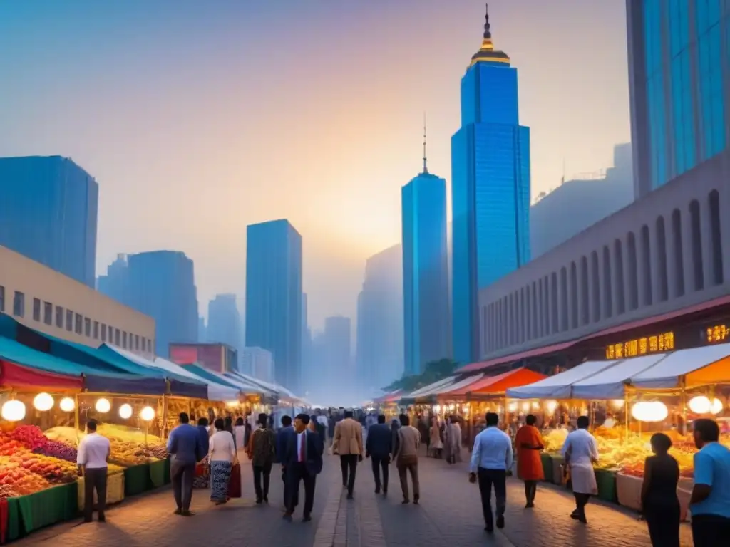 Mercado callejero en skyline: globalización local Un vibrante mercado callejero en una ciudad global al amanecer, simbolizando la fusión entre culturas locales y el mercado inmobiliario internacional