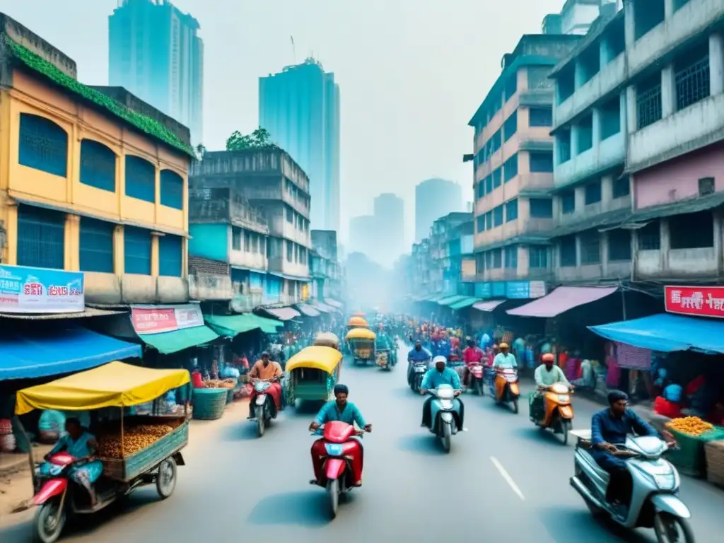 Mercado vibrante y arquitectura moderna en Dhaka, Bangladesh Vibrante mercado callejero de Dhaka, Bangladesh, entre tradición y modernidad