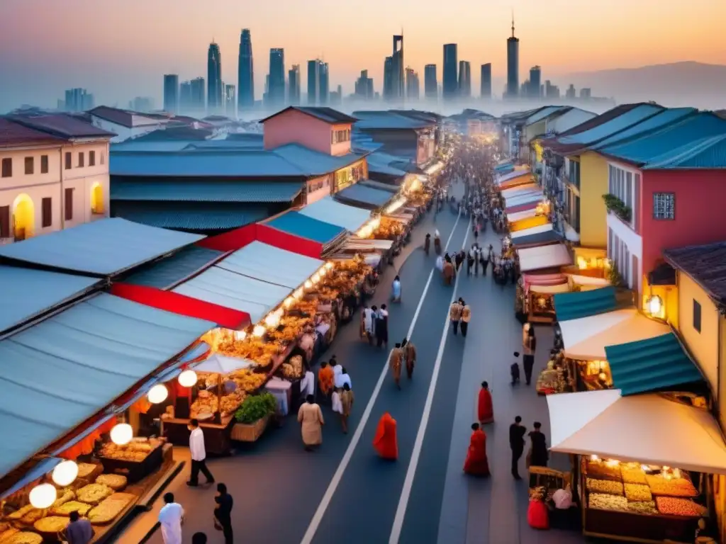 Mercado callejero y rascacielos en Sudeste Asiático Vibrante mercado callejero y rascacielos futuristas iluminados por el sol poniente en la región del Sudeste Asiático