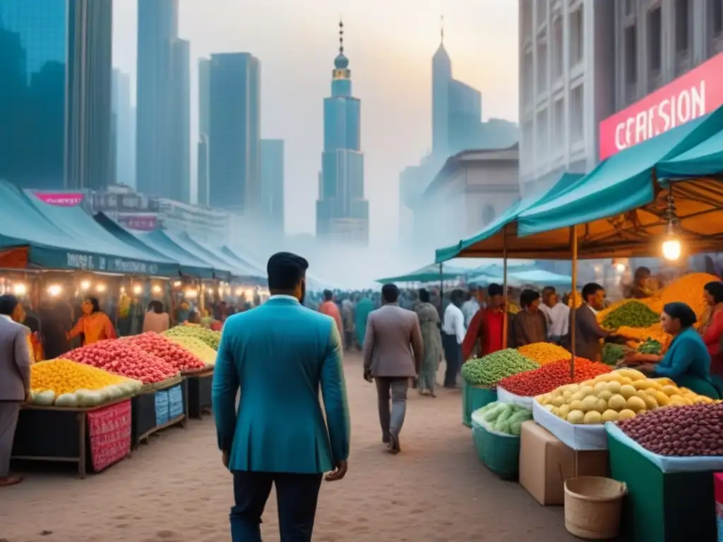 Mercado emergente: escena vibrante y diversa en 8k Vibrante mercado emergente con diversos comerciantes y modernos rascacielos