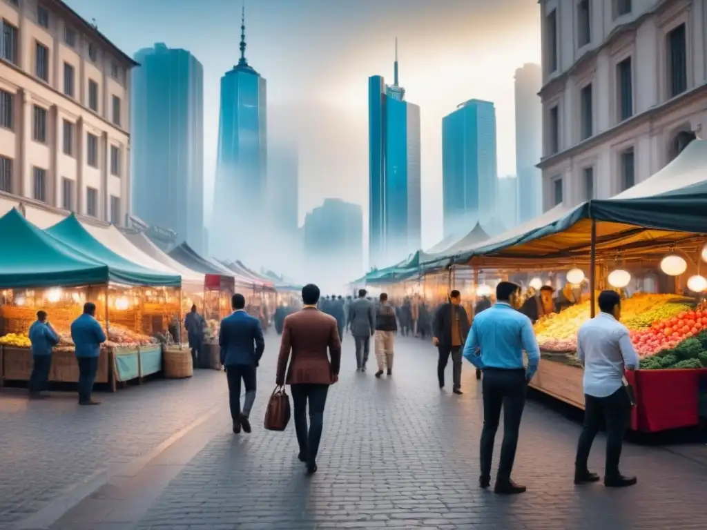 Mercado emergente: tradición y modernidad en un escenario urbano Vibrante mercado emergente frente a rascacielos, reflejando impacto crisis económicas mercados inmobiliarios