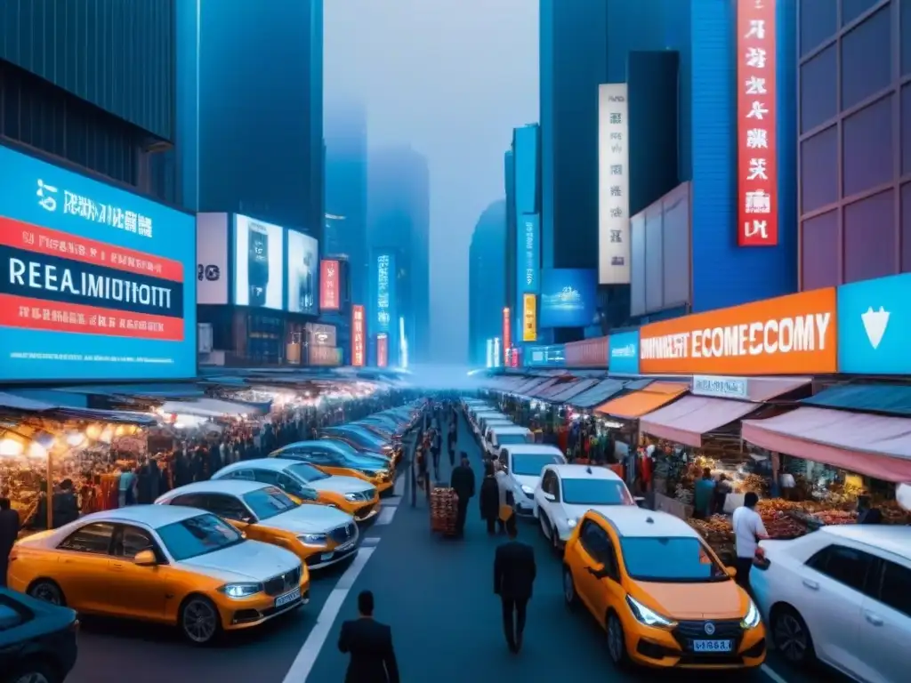 Cityscape futurista de mercado emergente: luces de neón y diversidad urbana Vibrante mercado emergente en futurista ciudad con impacto políticas vivienda mercados emergentes