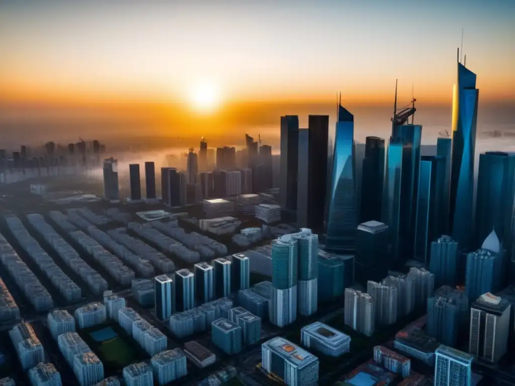 Escena urbana vibrante en mercado emergente al atardecer Vibrante mercado emergente con impacto de políticas en el mercado inmobiliario al atardecer