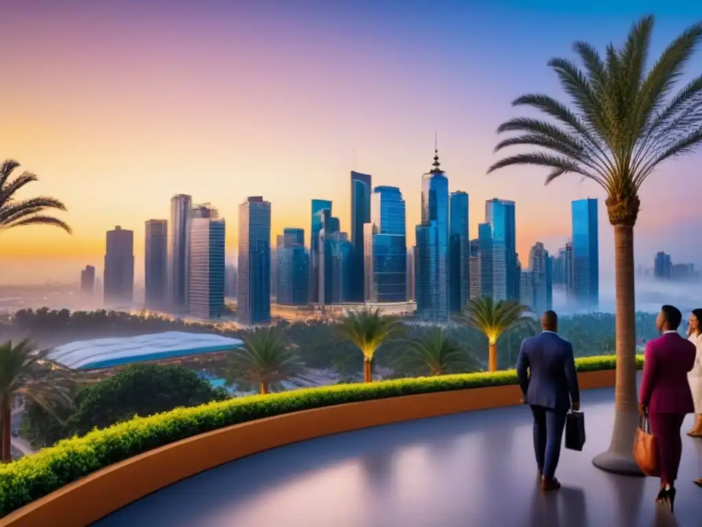 Metrópolis vibrante: inversores globales debaten en nuevo mercado emergente Un vibrante mercado emergente con inversión inmobiliaria, diversidad y oportunidades al atardecer