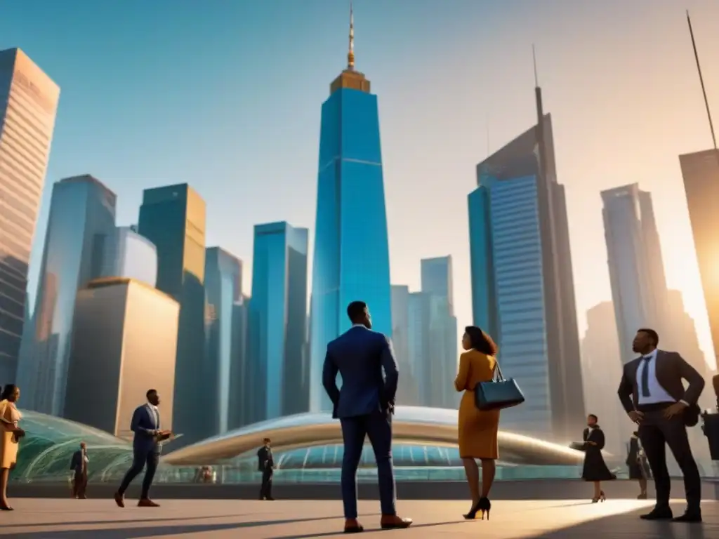 Escena vibrante de mercado emergente en ciudad moderna Vibrante mercado emergente con inversiones inmobiliarias en una ciudad dinámica al atardecer