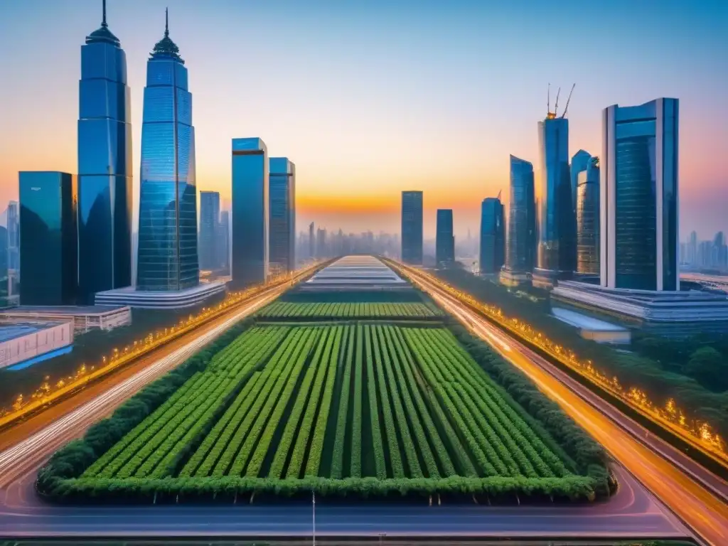 Mercado emergente: inversores en la ciudad al atardecer Vibrante mercado emergente con rascacielos al atardecer y negociaciones, reflejando impacto políticas vivienda mercados emergentes
