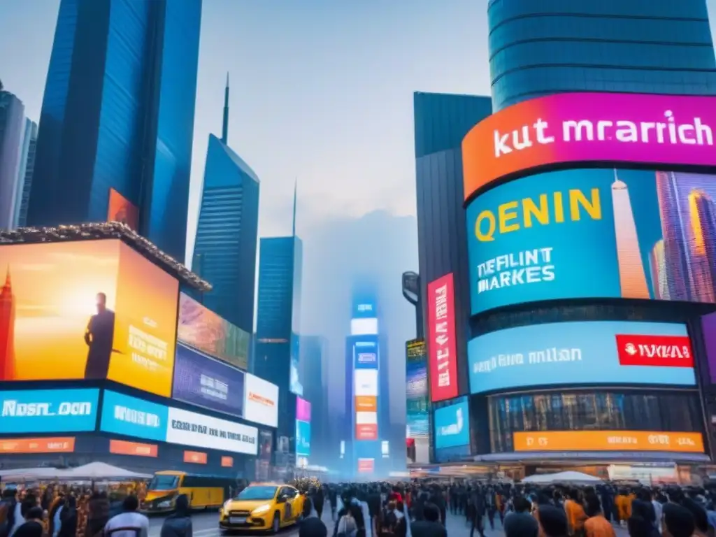 Metrópolis emergente: mercado inmobiliario futurista y dinámico Vibrante mercado emergente: rascacielos futuristas, multitudes y datos en tiempo real
