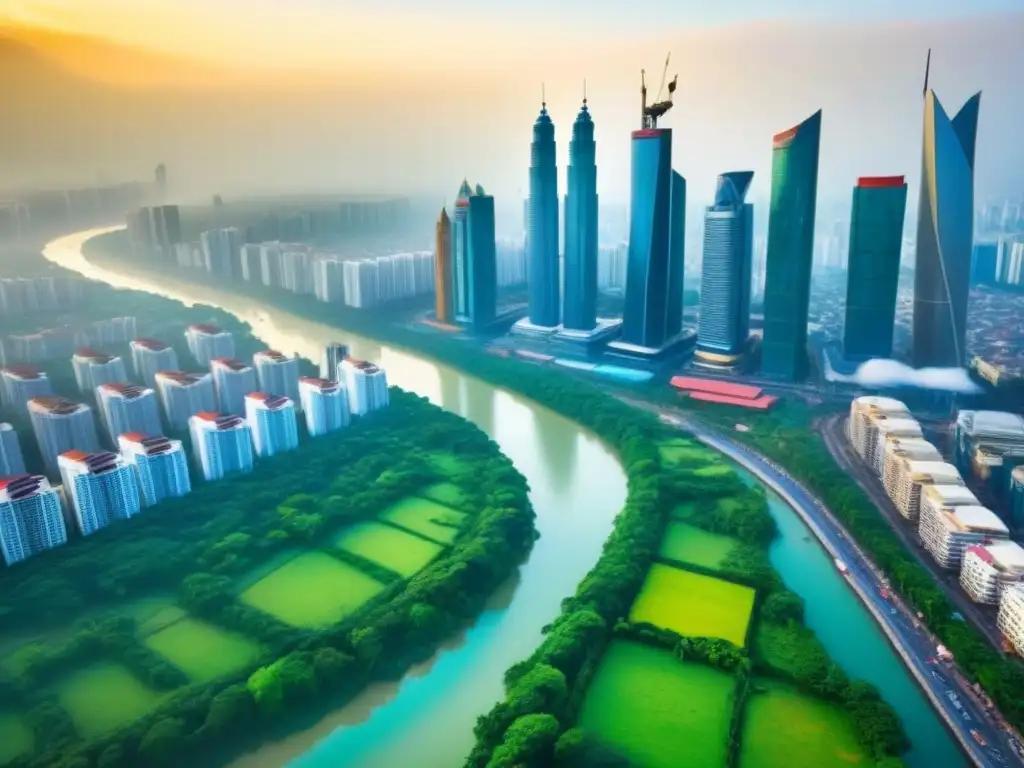 Mercado emergente: ciudad vibrante y moderna Vibrante mercado emergente con rascacielos, vegetación y río, reflejando oportunidades de inversión inmobiliaria en mercados emergentes