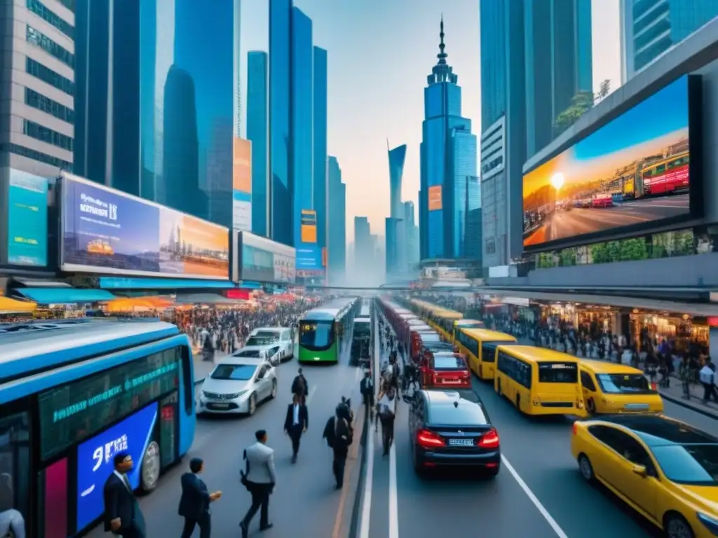 Mercado emergente: metrópolis vibrante y moderna Vibrante mercado emergente con rascacielos, gente diversa, transporte moderno y oportunidades de inversión inmobiliaria internacional