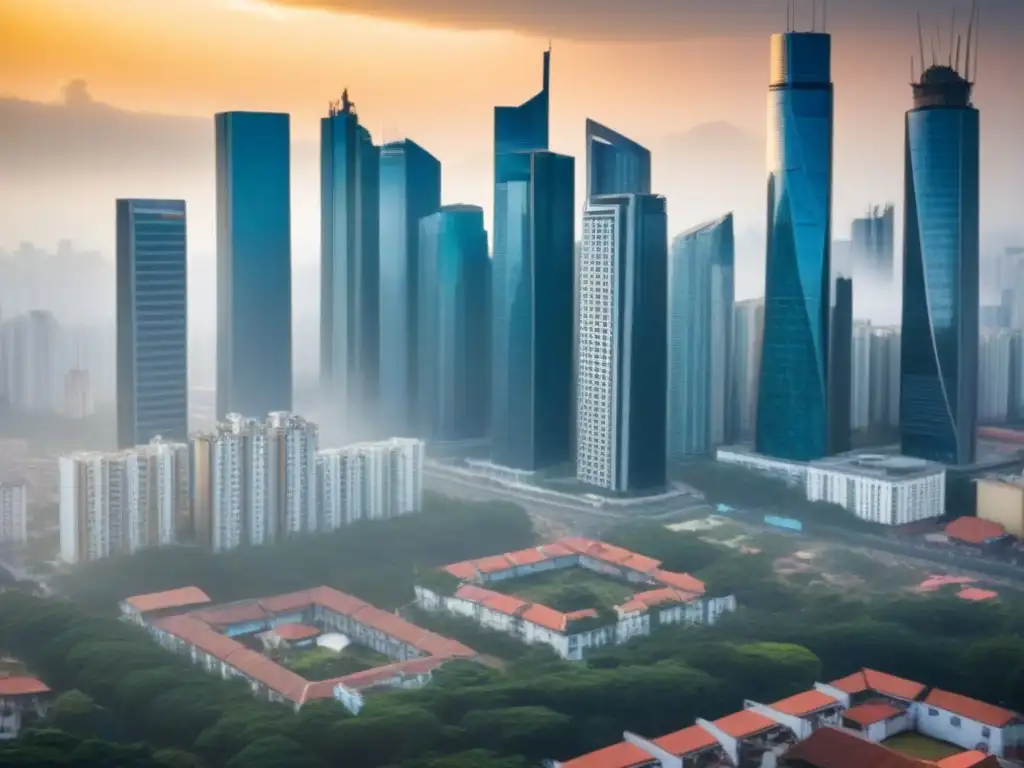 Inversores en auge: escena urbana de mercado emergente Vibrante mercado emergente con rascacielos y edificios modernos, inversores debatiendo sobre políticas de vivienda en mercados emergentes