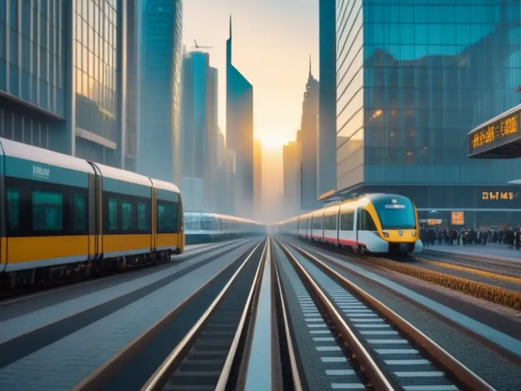 Horizonte urbano de mercado emergente vibrante al atardecer Vibrante mercado emergente con rascacielos, trenes y autos