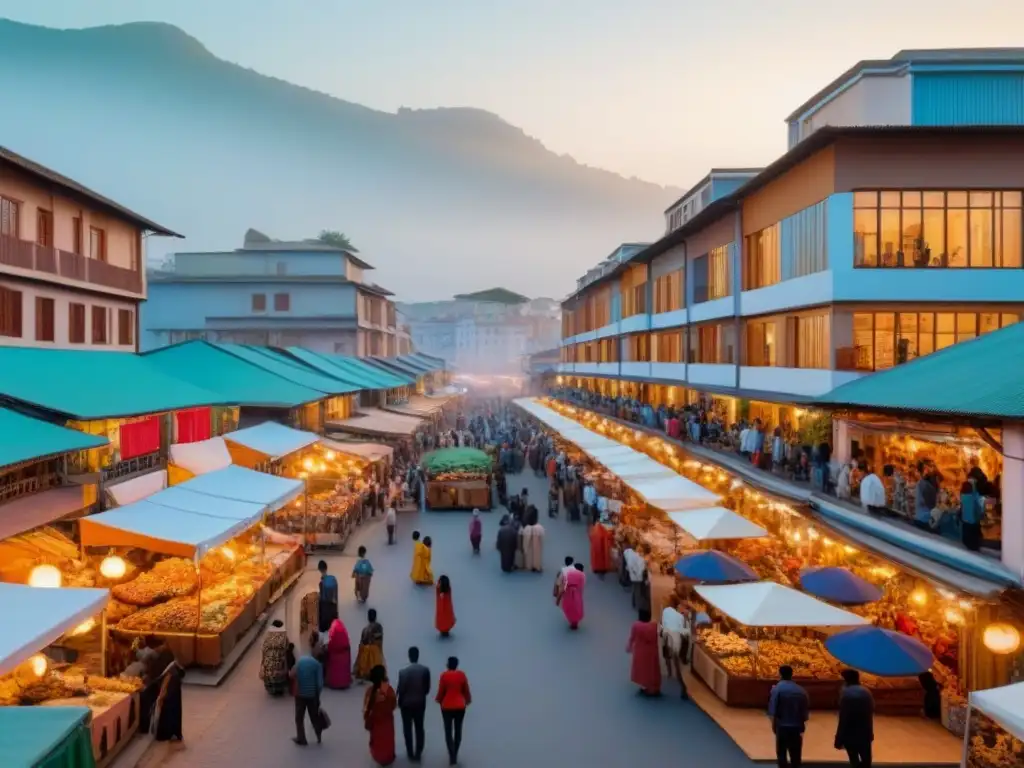Mercado emergente: diversidad arquitectónica y cultural en 8k Vibrante mercado emergente con variadas estructuras, reflejando el impacto de políticas de vivienda en mercados emergentes