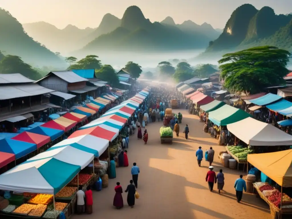 Mercado fronterizo: colores y cultura en Laos y Myanmar Vibrante mercado fronterizo entre Laos y Myanmar, reflejo de la inversión inmobiliaria en la región