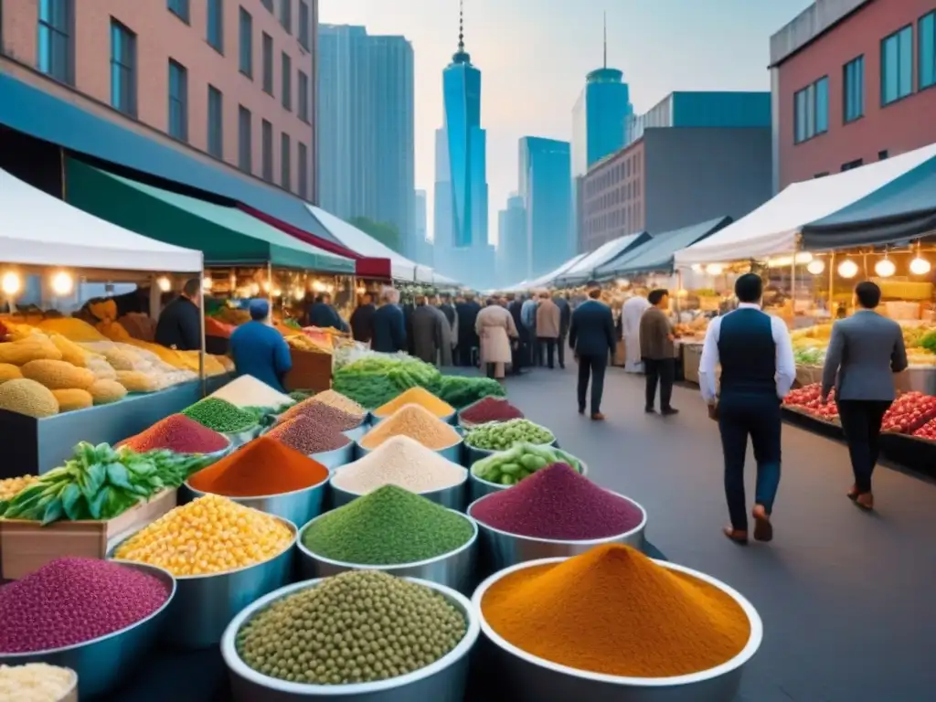 Mercado gastronómico multicultural en pleno auge Vibrante mercado gastronómico con diversidad de productos y gente, reflejando el auge del turismo gastronómico y mercado inmobiliario