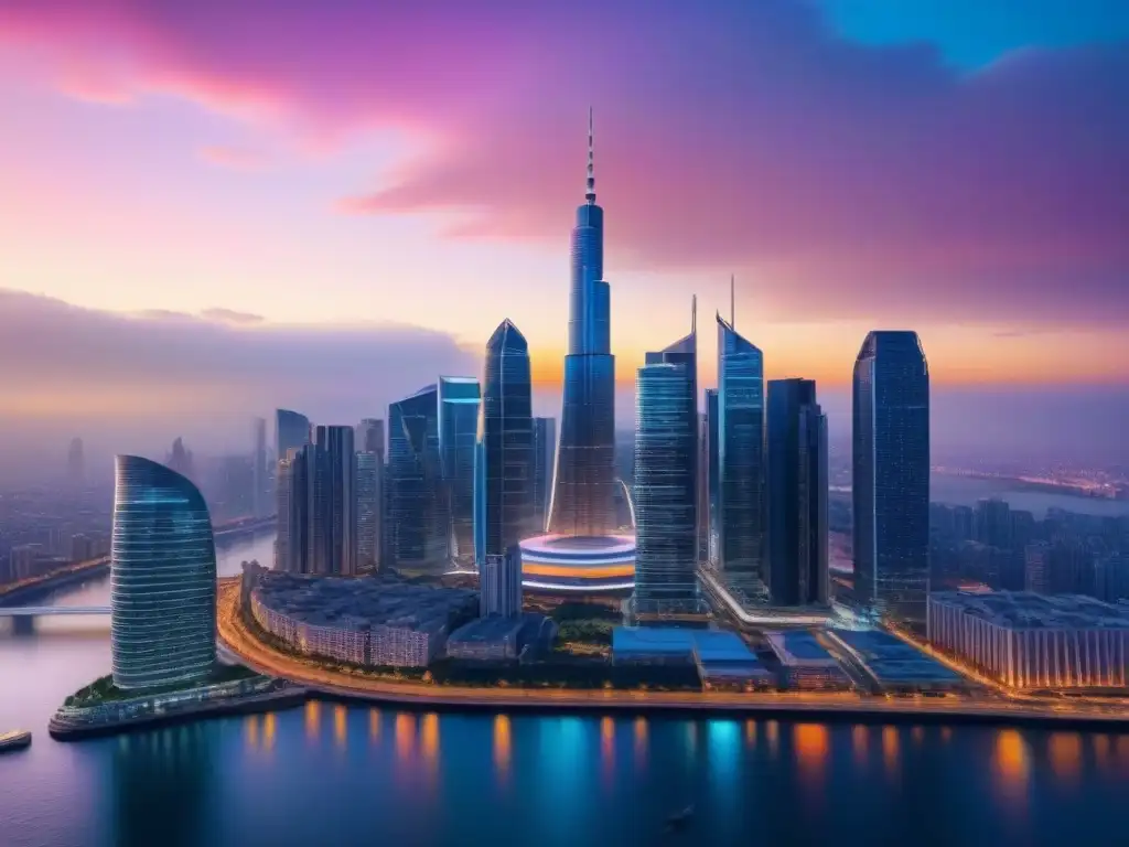Metrópolis futurista: skyline nocturno vibrante en 8k Un vibrante mercado inmobiliario generación Z análisis en una ciudad futurista iluminada por luces neón al atardecer, reflejándose en el río