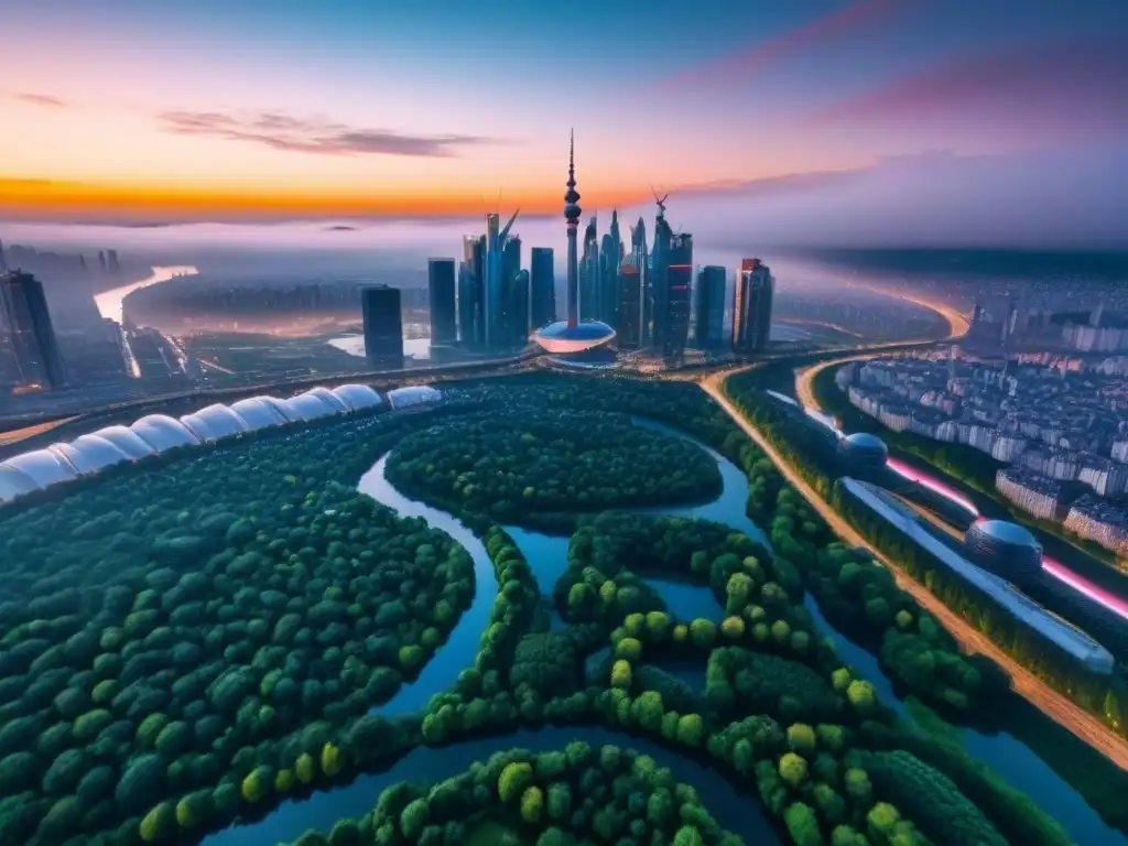 Horizonte futurista: rascacielos innovadores y parques verdes al atardecer Vibrante mercado inmobiliario en Europa del Este: atardecer dorado sobre skyline futurista con ríos y parques