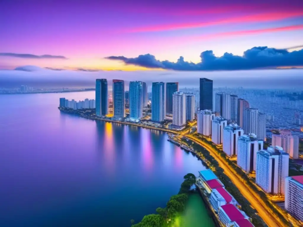 Transformación urbana: skyline de Manila al atardecer La vibrante transformación del mercado inmobiliario en Filipinas y Asia: el atardecer en Manila reflejado en la bahía
