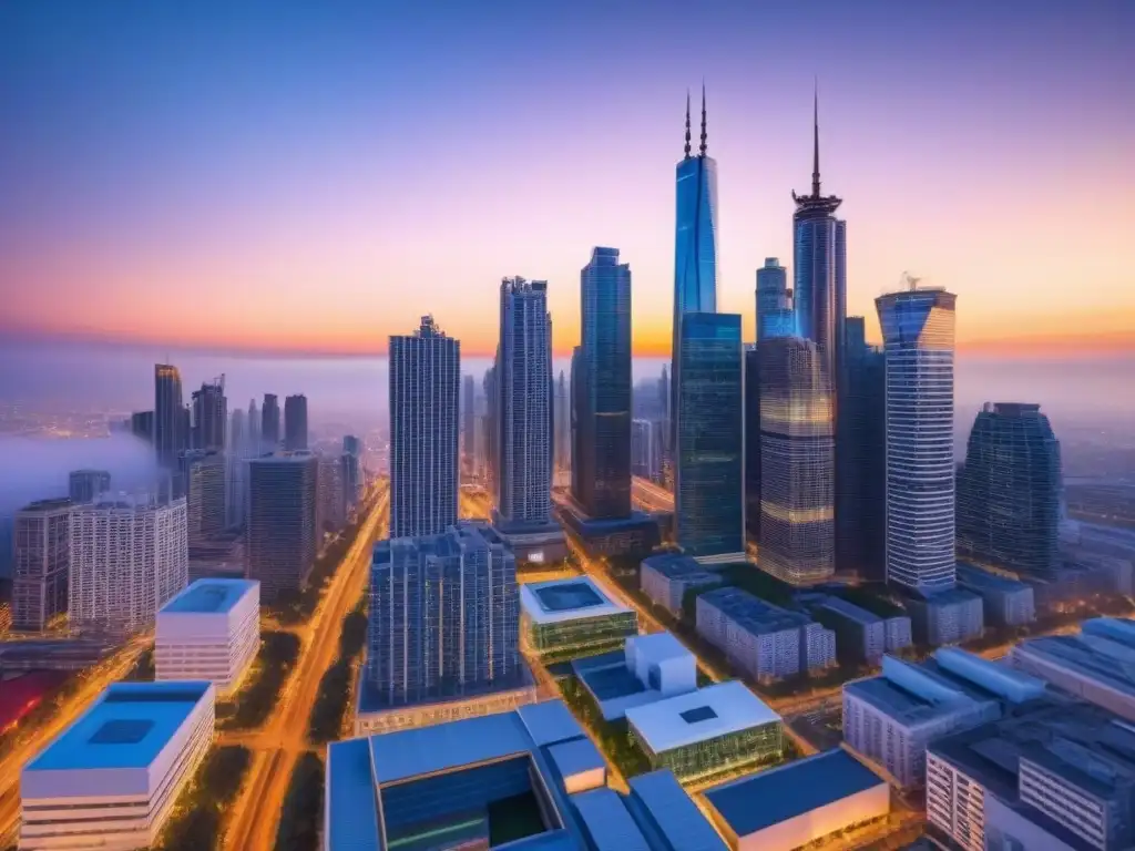 Skyline urbano al atardecer: mercado inmobiliario en auge Un vibrante mercado inmobiliario al atardecer, reflejando beneficios cambios demográficos
