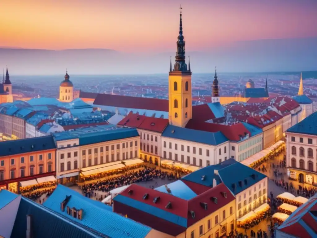 Panorama urbano de Europa del Este: fusión histórica y moderna al atardecer Vibrante mercado inmobiliario Europa del Este: ciudad histórica y moderna bajo un atardecer colorido