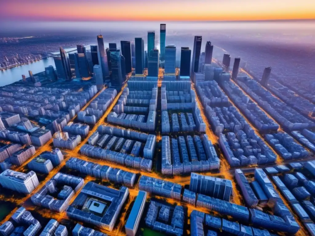Inversión inmobiliaria: ciudad moderna y vibrante al atardecer Un vibrante mercado inmobiliario en una ciudad llena de rascacielos modernos al atardecer