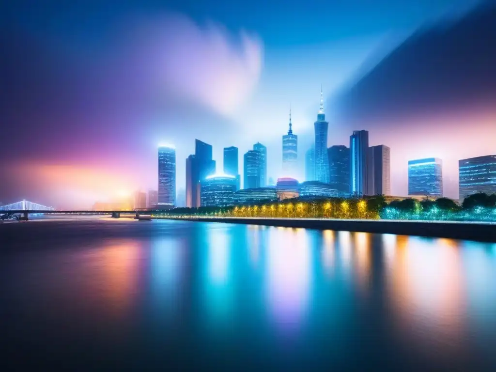 Espectacular ciudad nocturna con rascacielos iluminados y río sereno Invierte en el vibrante mercado inmobiliario de una ciudad emergente, con rascacielos iluminados junto a un río tranquilo