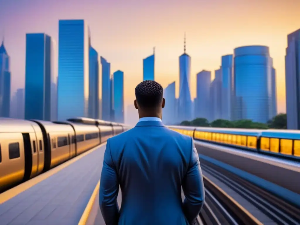 Horizonte urbano emergente: inversión inmobiliaria internacional en acción Un vibrante mercado inmobiliario emergente con rascacielos modernos y un atardecer dorado reflejado en sus fachadas