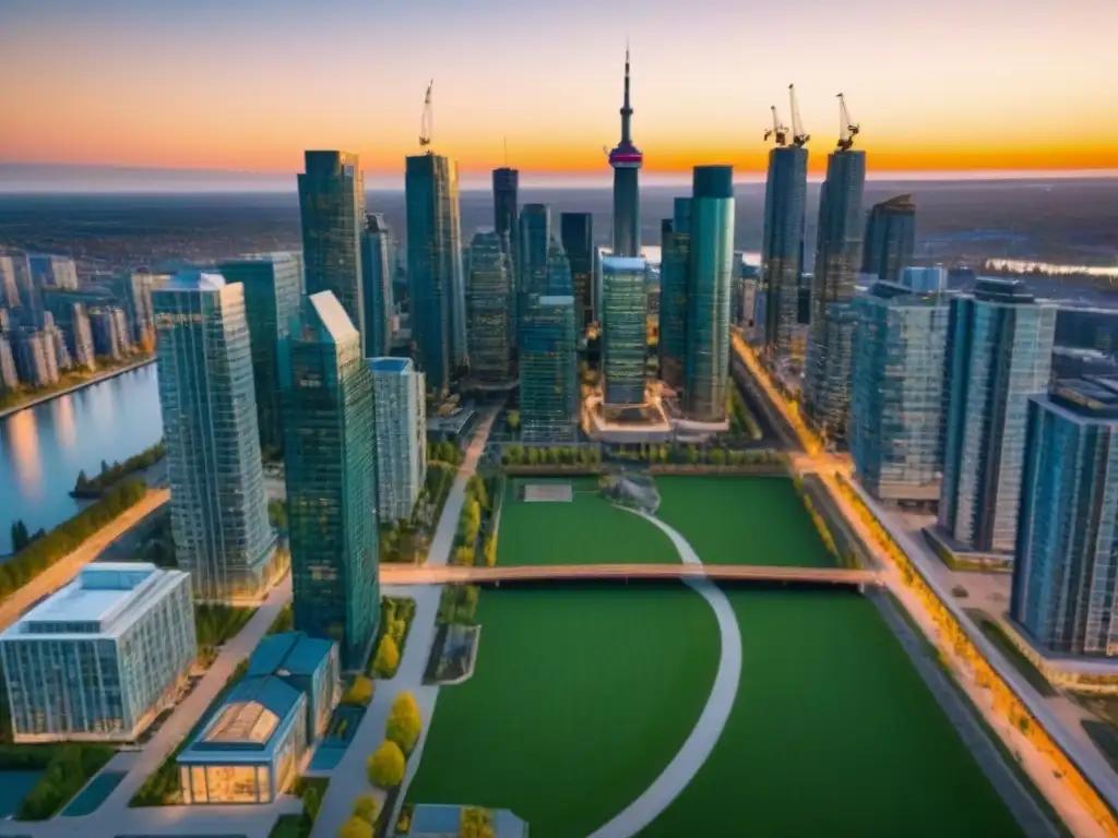 Mercado inmobiliario en auge: Canadá urbano y próspero Vibrante mercado inmobiliario emergente en Canadá: modernos rascacielos, espacios verdes y vecindarios diversos al atardecer
