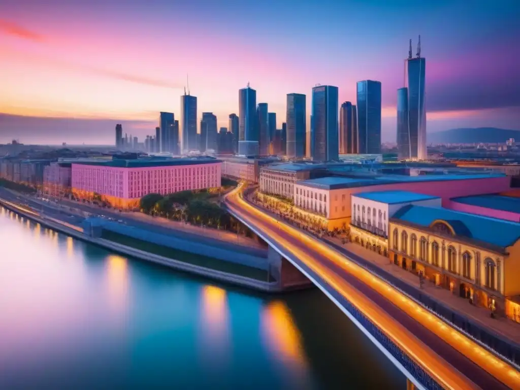 Un vibrante mercado inmobiliario fronterizo proyectado en una ciudad al atardecer, fusionando modernidad y tradición