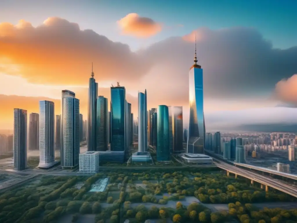 Innovación inmobiliaria para adultos mayores en ciudad futurista Un vibrante mercado inmobiliario futurista adaptado al envejecimiento poblacional, reflejando crecimiento e innovación