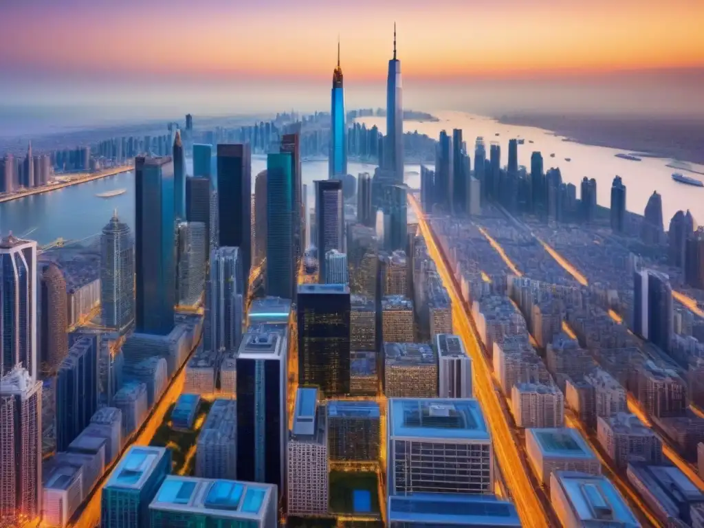 Inversiones globales: horizonte urbano 8k Vibrante mercado inmobiliario global al atardecer con icónicas ciudades y estrategias inversión mercado inmobiliario internacional