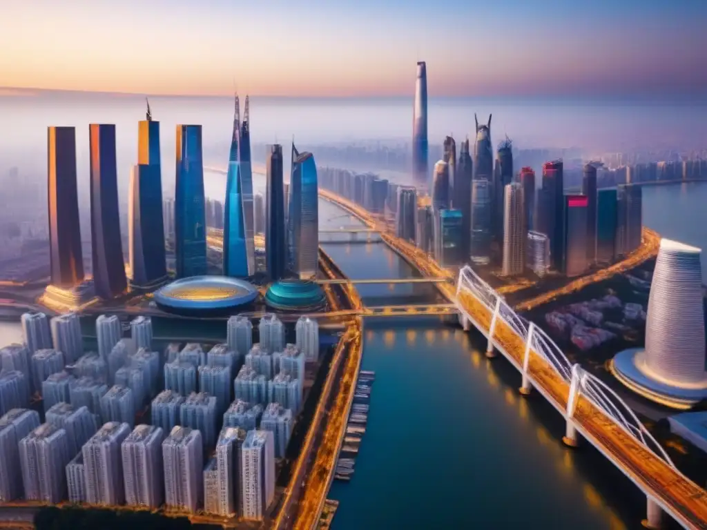 Mercado global: intercambio inmobiliario en evolución Un vibrante mercado inmobiliario global en la Franja y Ruta, reflejando la fusión arquitectónica entre Oriente y Occidente al atardecer