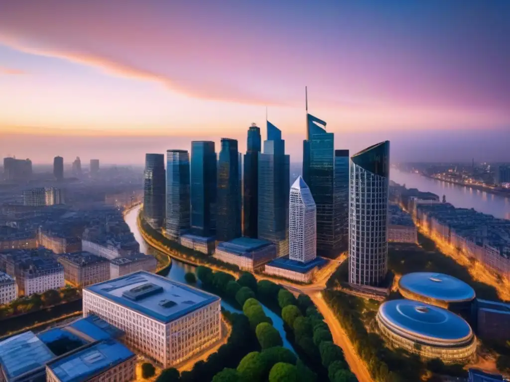 Vista aérea nocturna: skyline vibrante y profesionales en ciudad Un vibrante mercado inmobiliario internacional: rascacielos y edificios históricos iluminados en una ciudad al anochecer